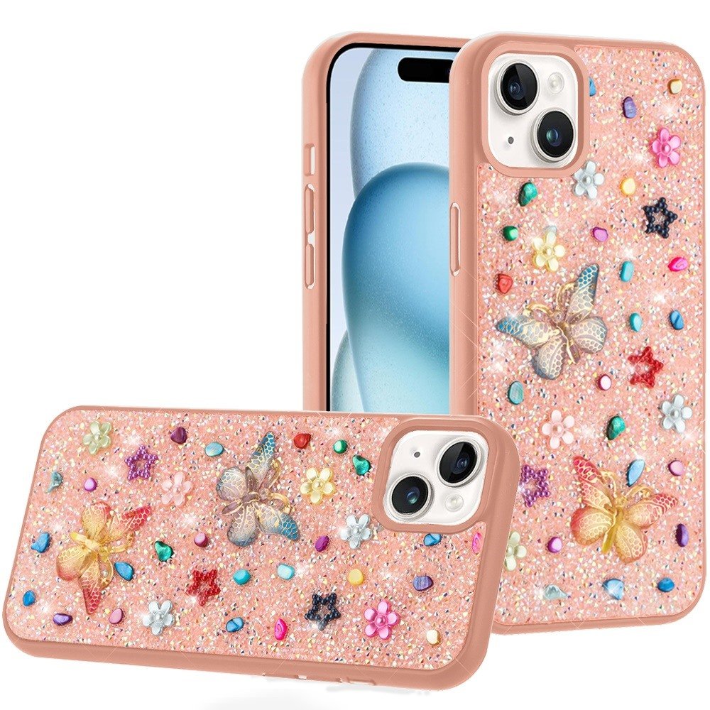 for iphone 15 plus/iphone 14 plus butterfly ornaments diamond bling glitter hybrid case light pink
