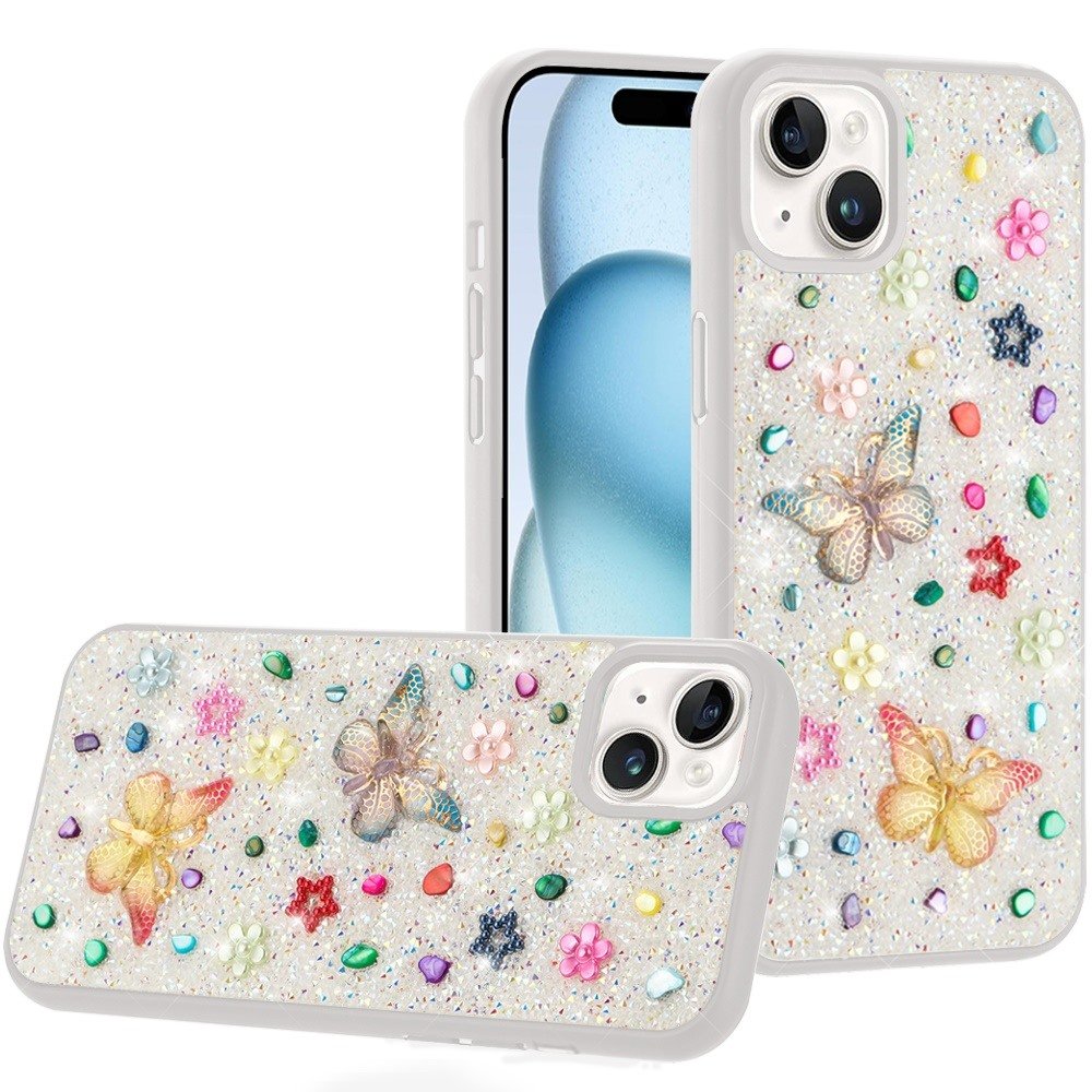for iphone 15 plus/iphone 14 plus butterfly ornaments diamond bling glitter hybrid case white