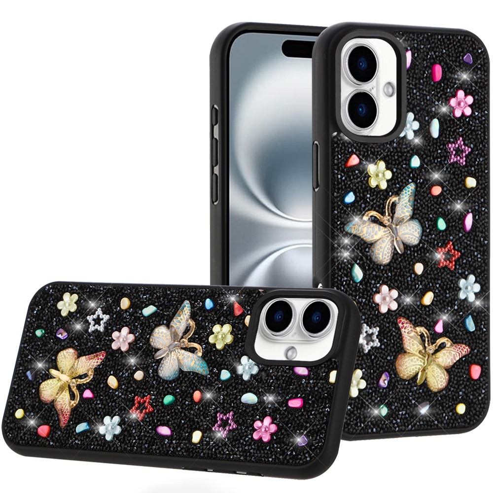 for iphone 16 plus 6.7 inch butterfly ornaments diamond bling glitter hybrid case black