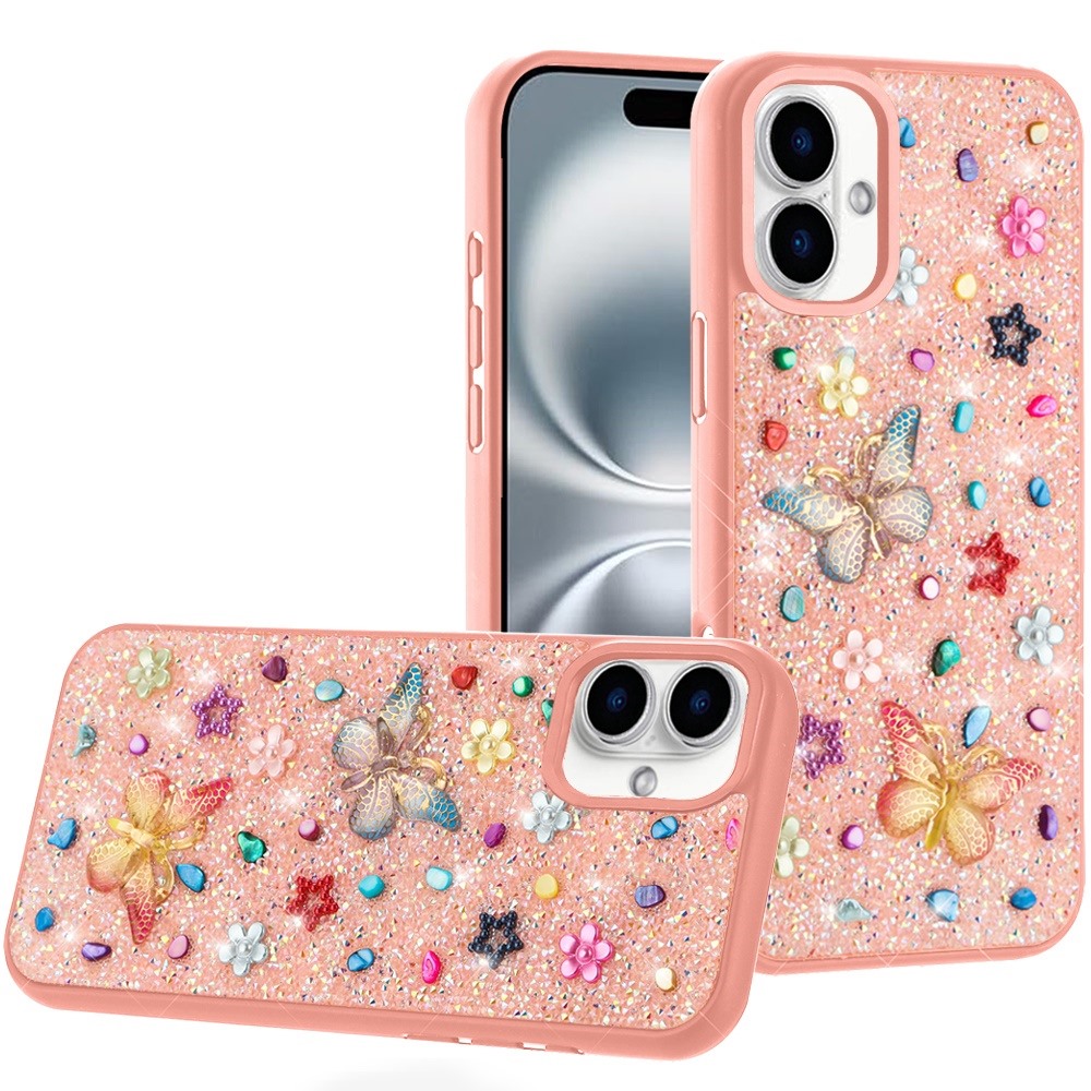 for iphone 16 plus 6.7 inch butterfly ornaments diamond bling glitter hybrid case light pink