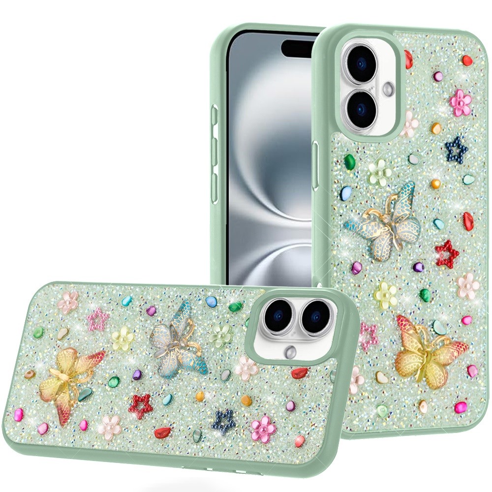 for iphone 16 plus 6.7 inch butterfly ornaments diamond bling glitter hybrid case teal