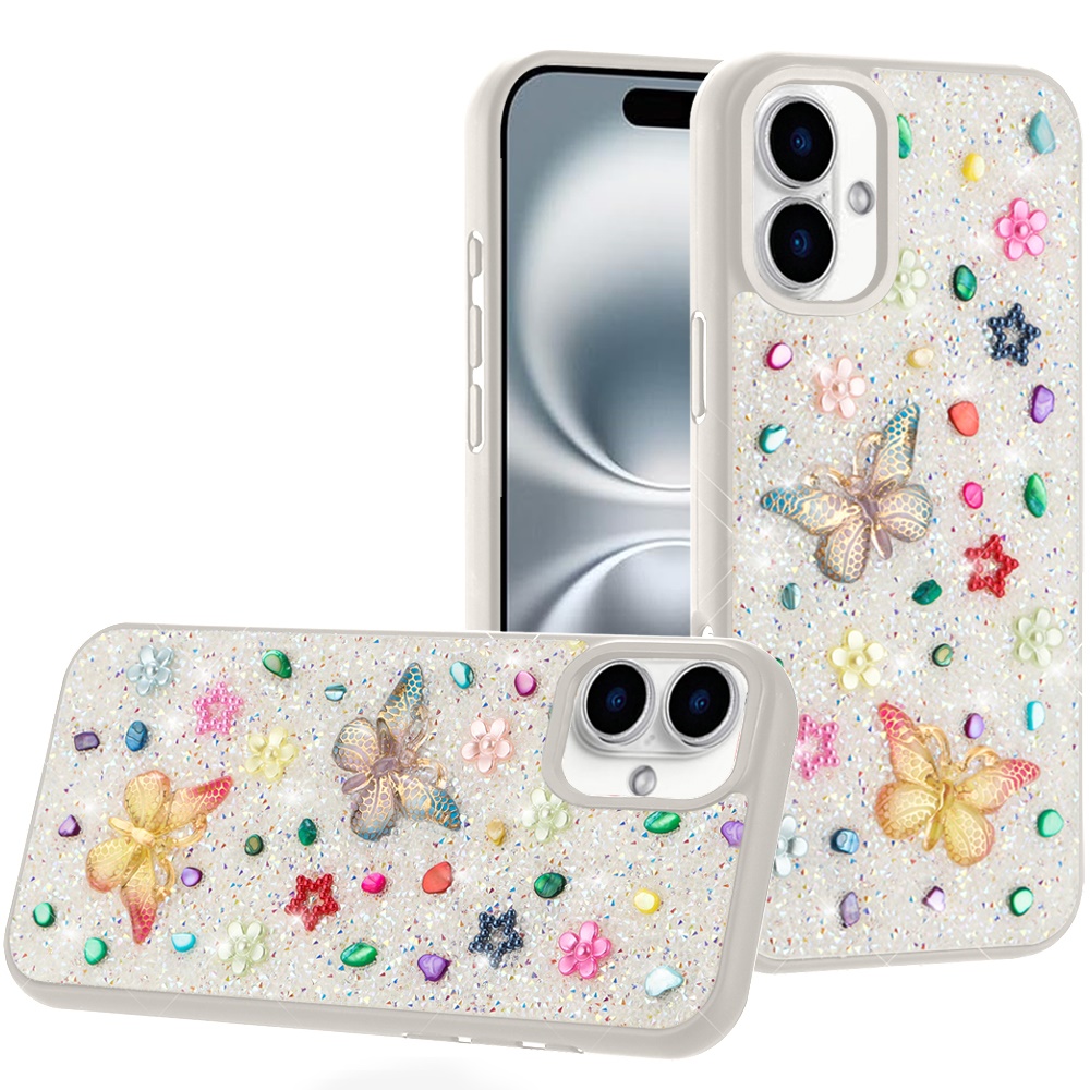 for iphone 16 plus 6.7 inch butterfly ornaments diamond bling glitter hybrid case white
