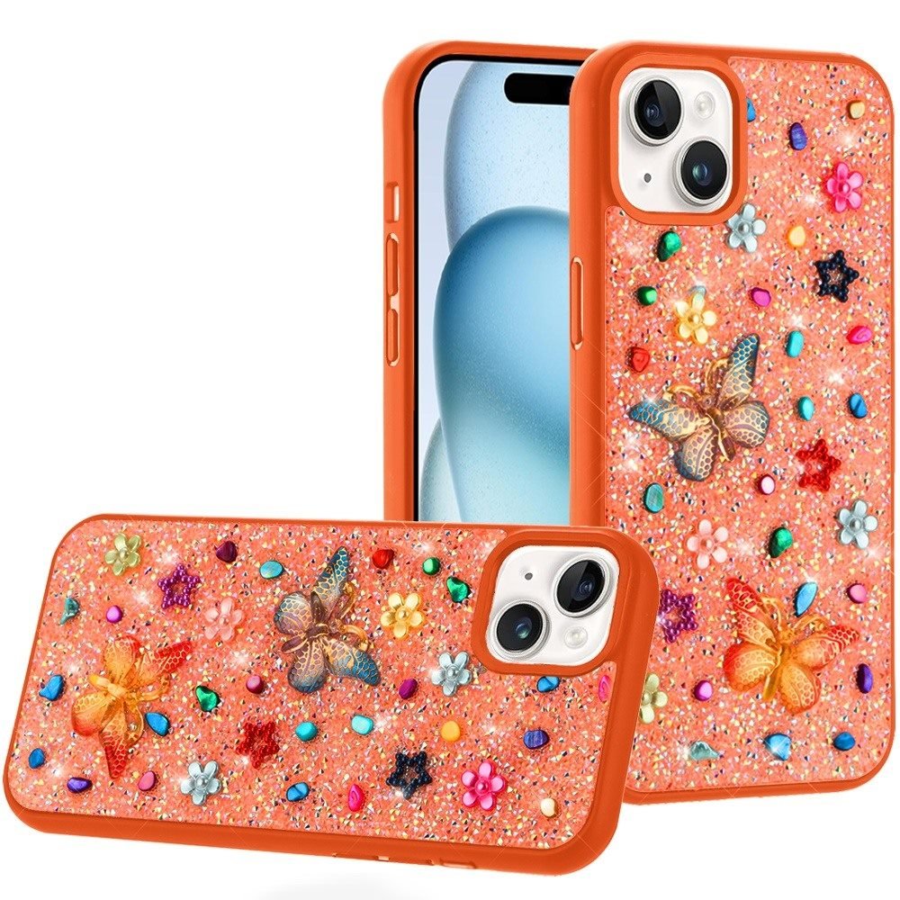 for iphone 15 butterfly ornaments diamond bling glitter hybrid case cosmic orange