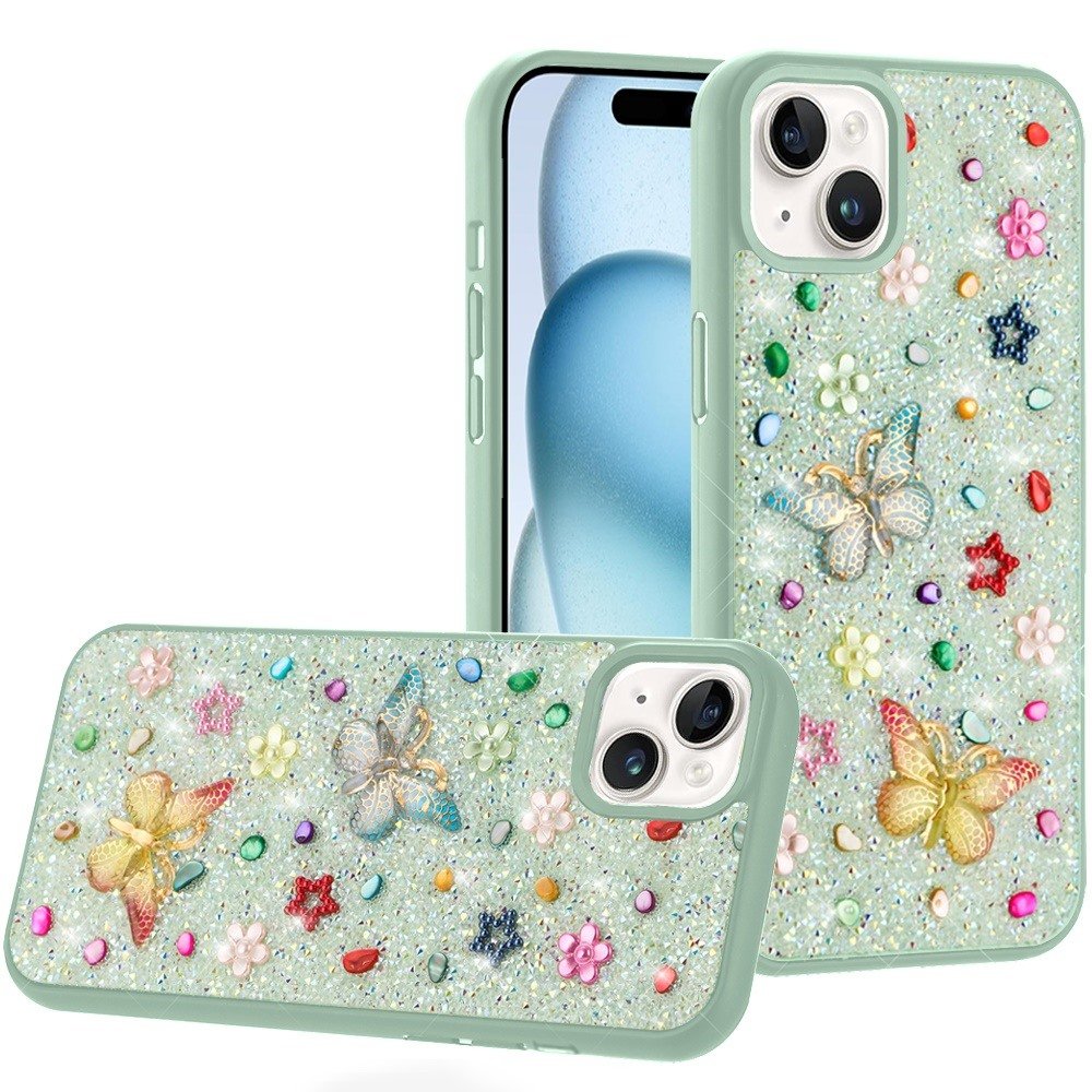 for iphone 15 butterfly ornaments diamond bling glitter hybrid case teal