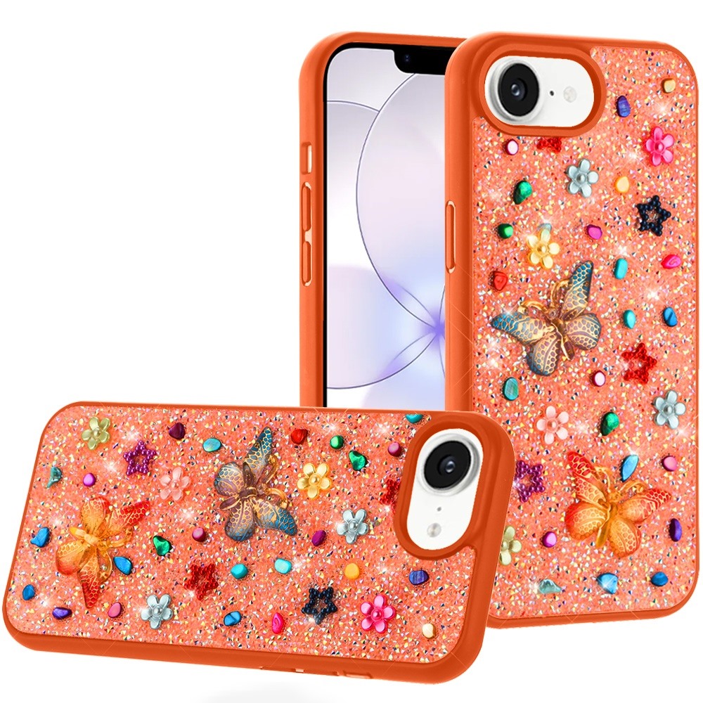 for iphone 16e (e edition) / se4 (2025) butterfly ornaments diamond bling glitter hybrid case cosmic orange