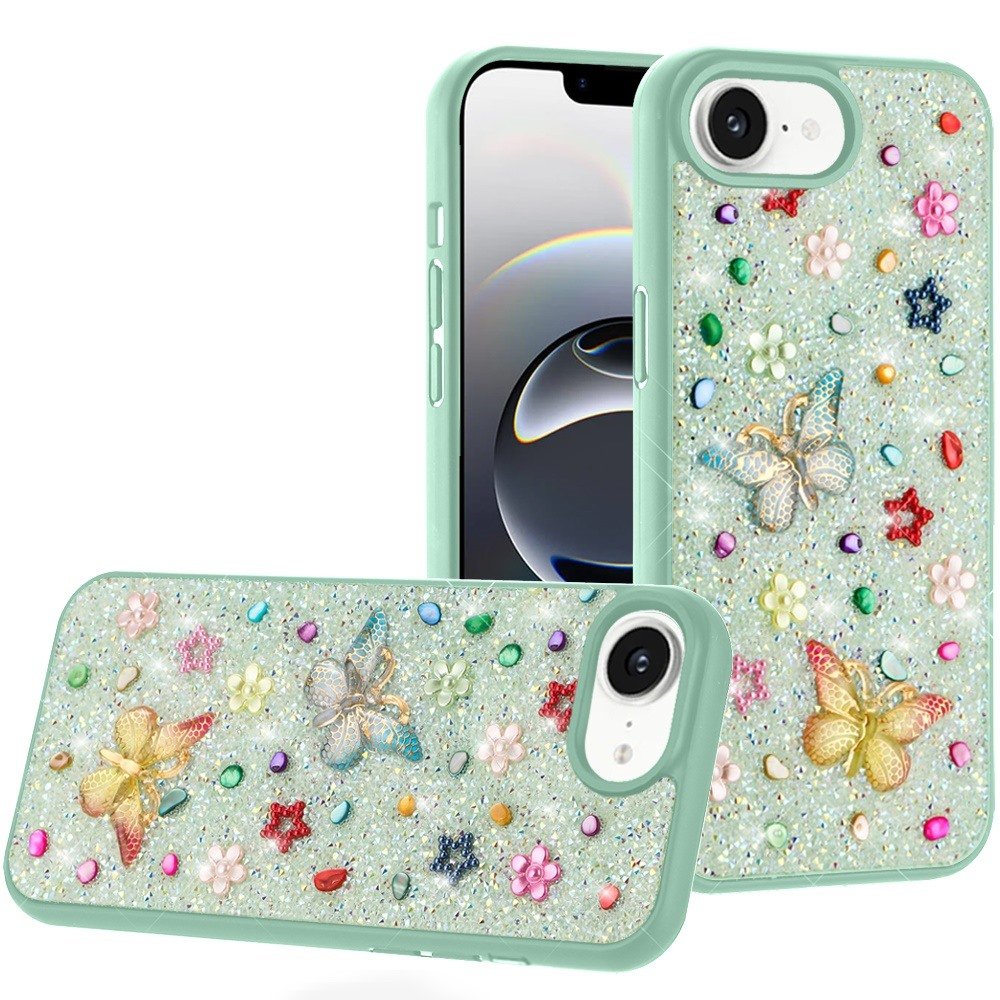 for iphone 17e / 16e / se4 butterfly ornaments diamond bling glitter hybrid case teal