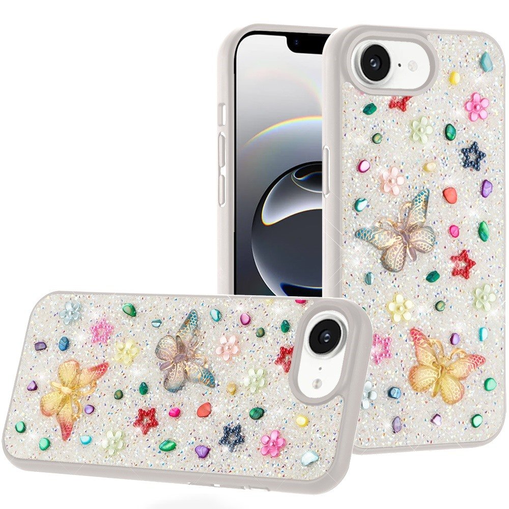 for iphone 17e / 16e / se4 butterfly ornaments diamond bling glitter hybrid case white