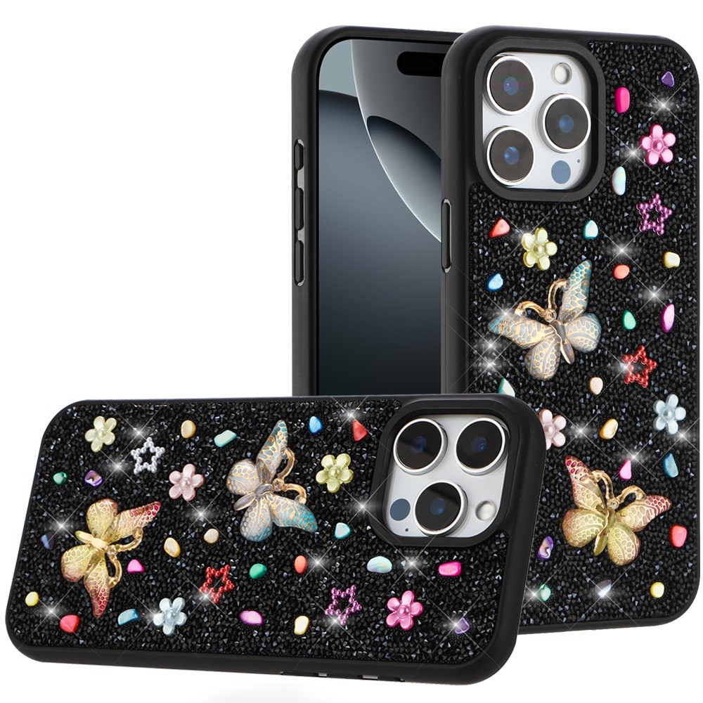 for iphone 16 pro 6.3 inch butterfly ornaments diamond bling glitter hybrid case black