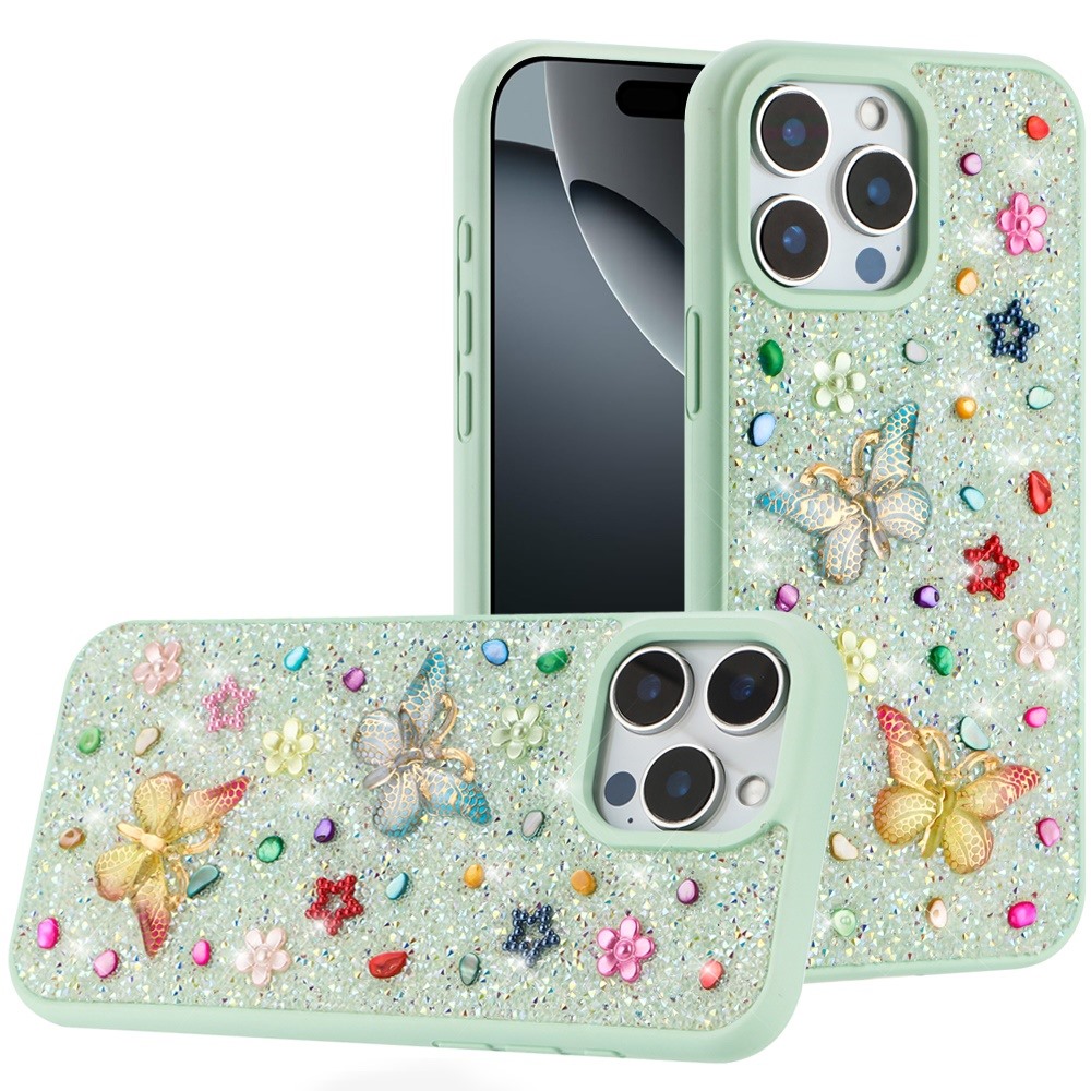 for iphone 16 6.1 inch butterfly ornaments diamond bling glitter hybrid case teal
