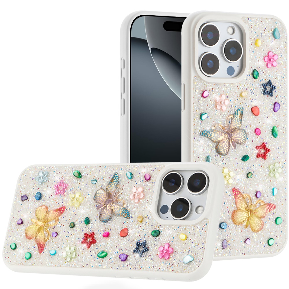 for iphone 16 pro 6.3 inch butterfly ornaments diamond bling glitter hybrid case white