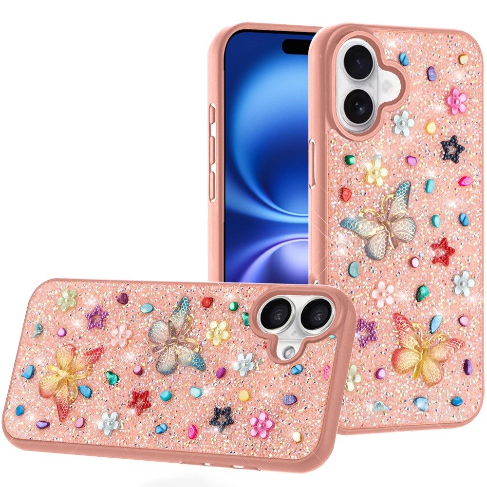 for iphone 17 butterfly ornaments diamond bling glitter hybrid case light pink