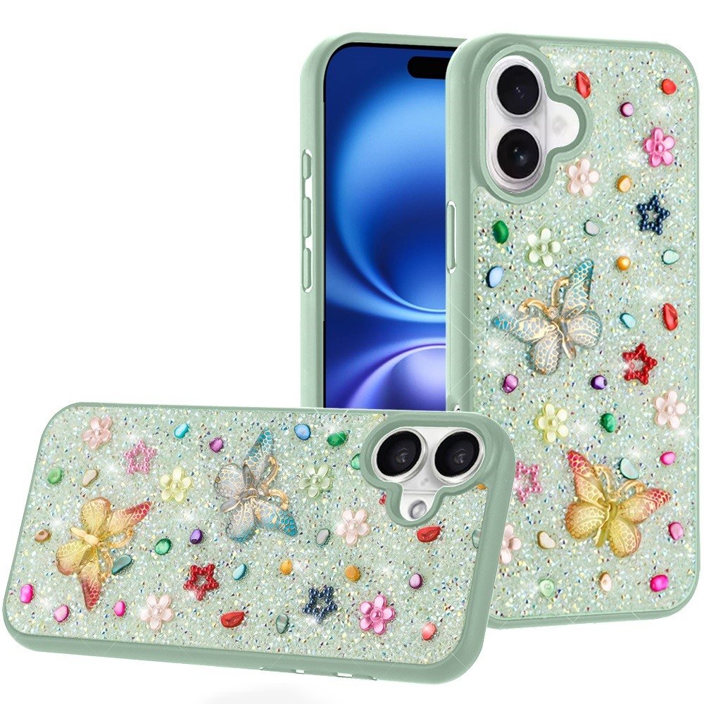 for iphone 17 butterfly ornaments diamond bling glitter hybrid case teal