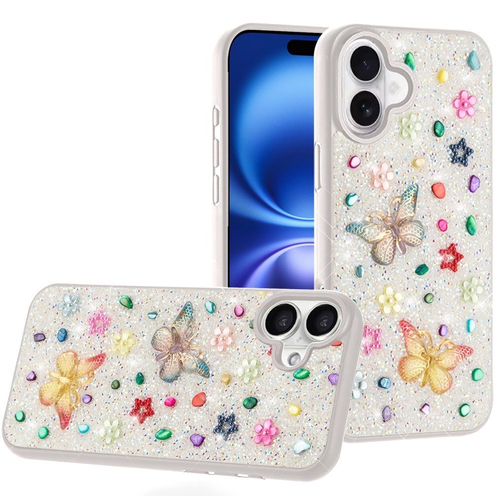 for iphone 17 butterfly ornaments diamond bling glitter hybrid case white