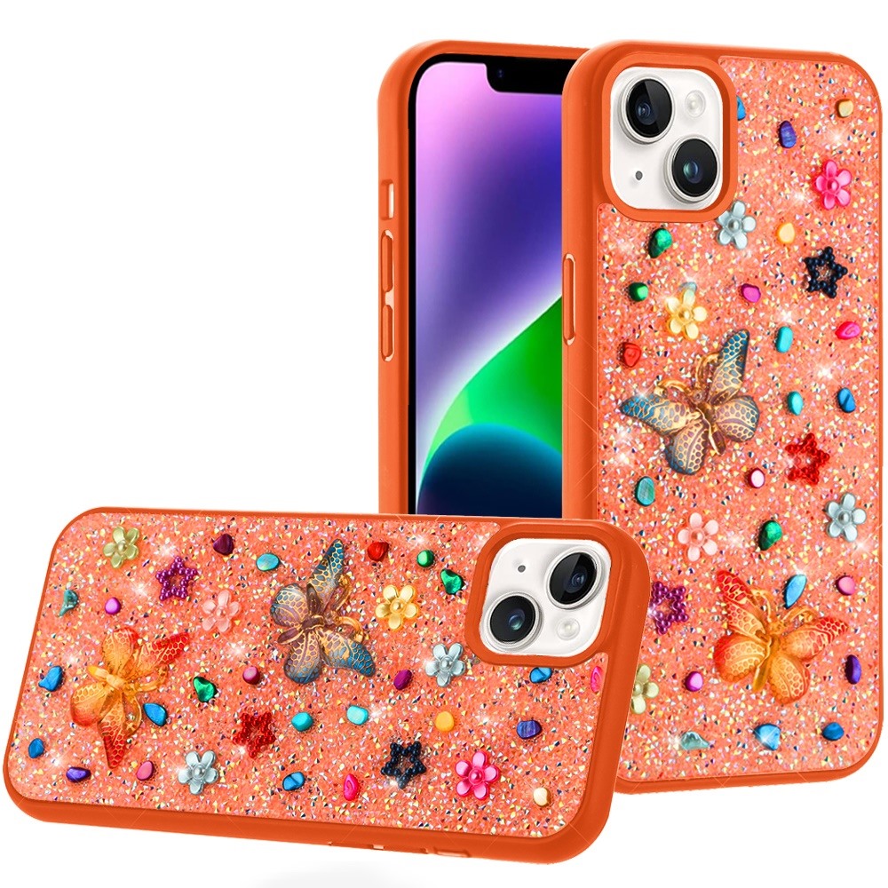 for iphone 13/14 butterfly ornaments diamond bling glitter hybrid case cosmic orange
