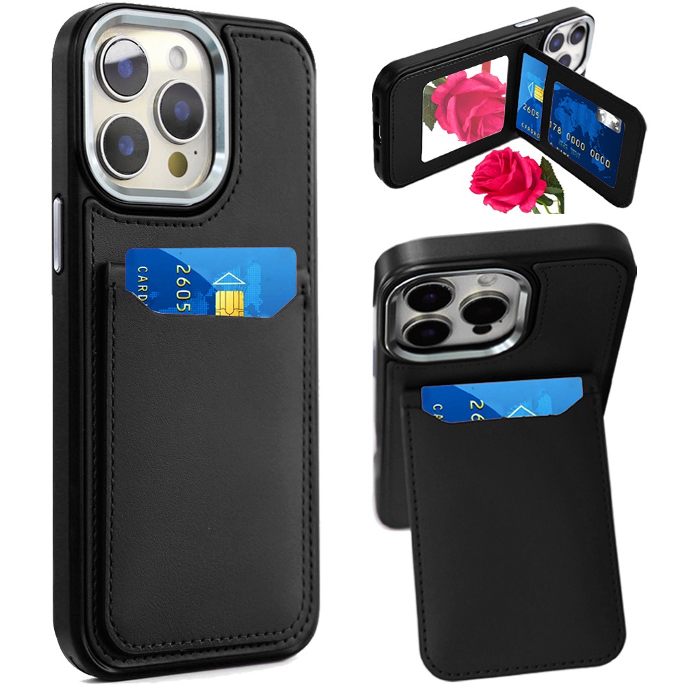 for iphone 14 pro max 6.7" card holder with mirror inside pu leather hybrid case black