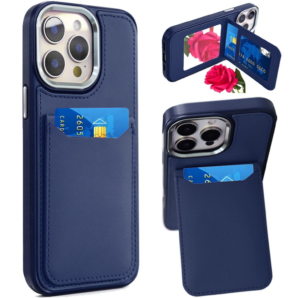 for iphone 14 pro max 6.7" card holder with mirror inside pu leather hybrid case dark blue