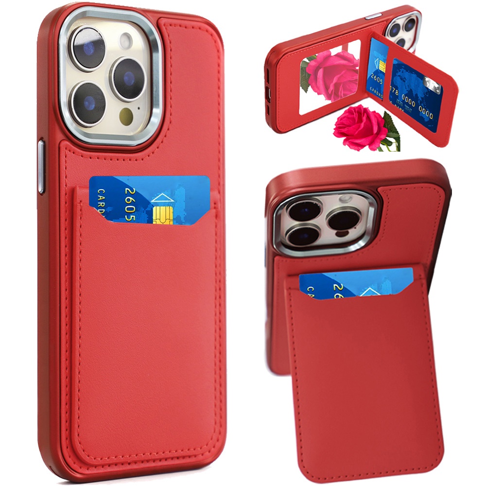 for iphone 14 pro max 6.7" card holder with mirror inside pu leather hybrid case red