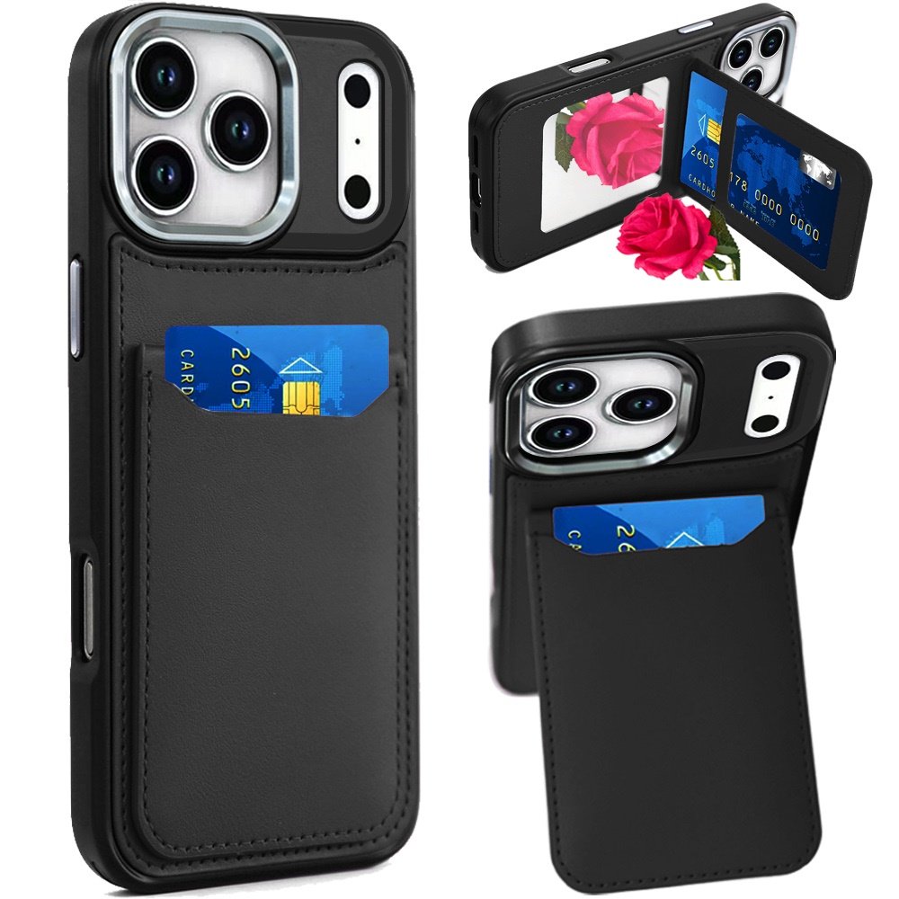 for iphone 17 pro max card holder with mirror inside pu leather hybrid case black