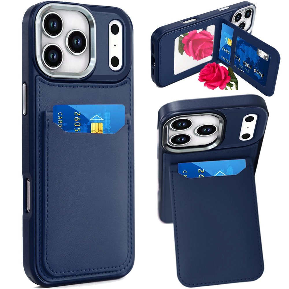 for iphone 17 pro max card holder with mirror inside pu leather hybrid case dark blue