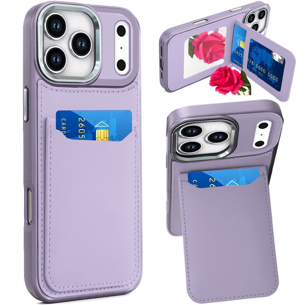 for iphone 17 pro max card holder with mirror inside pu leather hybrid case light purple