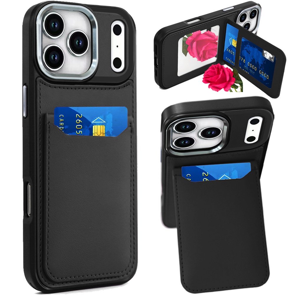 for iphone 17 pro card holder with mirror inside pu leather hybrid case black
