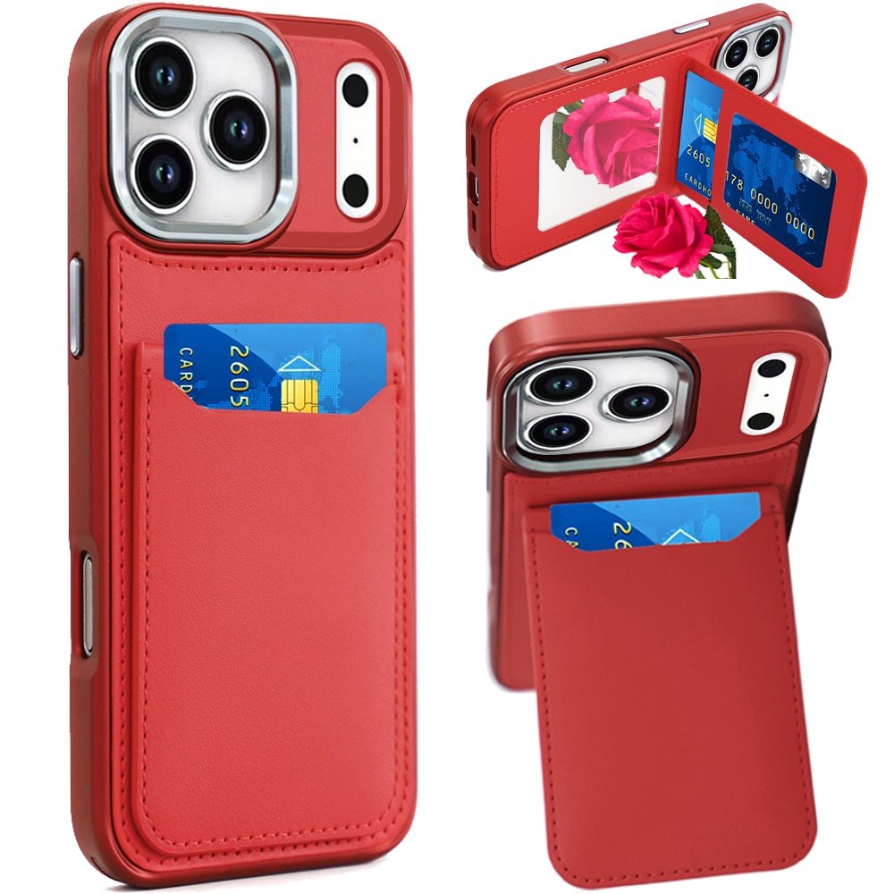 for iphone 17 pro card holder with mirror inside pu leather hybrid case red