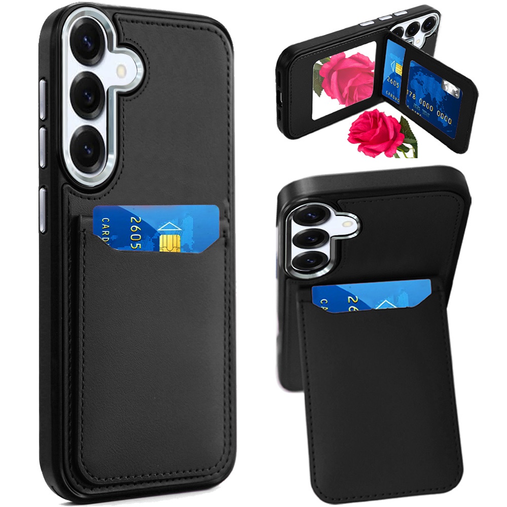 for samsung a16 5g card holder with mirror inside pu leather hybrid case black