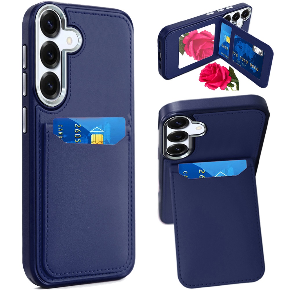 for samsung a16 5g card holder with mirror inside pu leather hybrid case dark blue