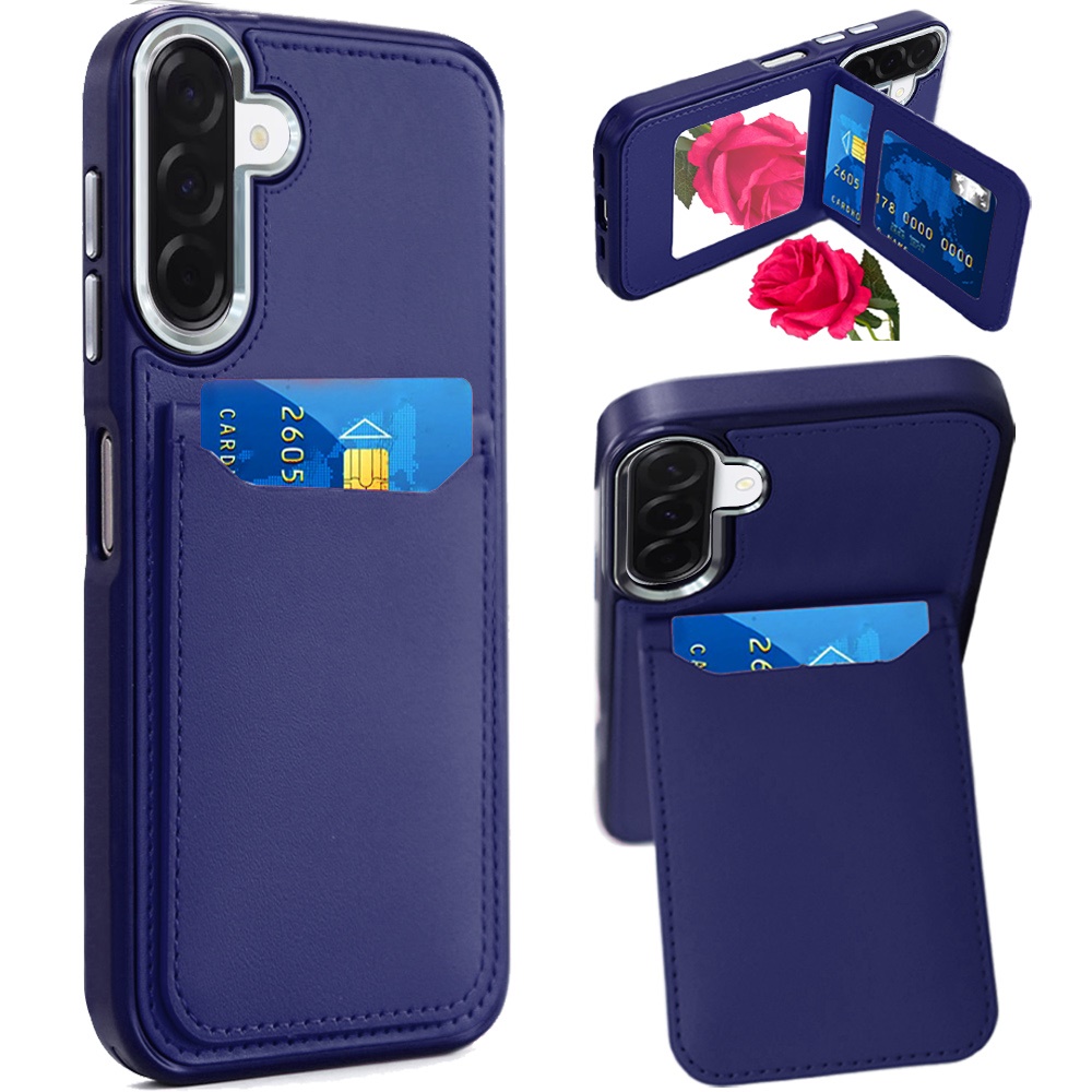 for samsung a17 5g card holder with mirror inside pu leather hybrid case dark blue