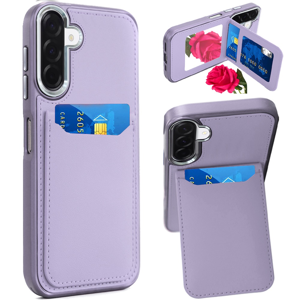 for samsung a17 5g card holder with mirror inside pu leather hybrid case light purple
