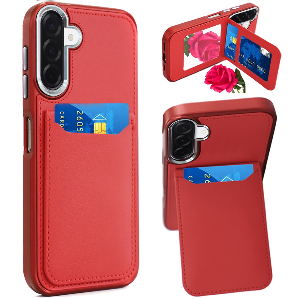 for samsung a17 5g card holder with mirror inside pu leather hybrid case red