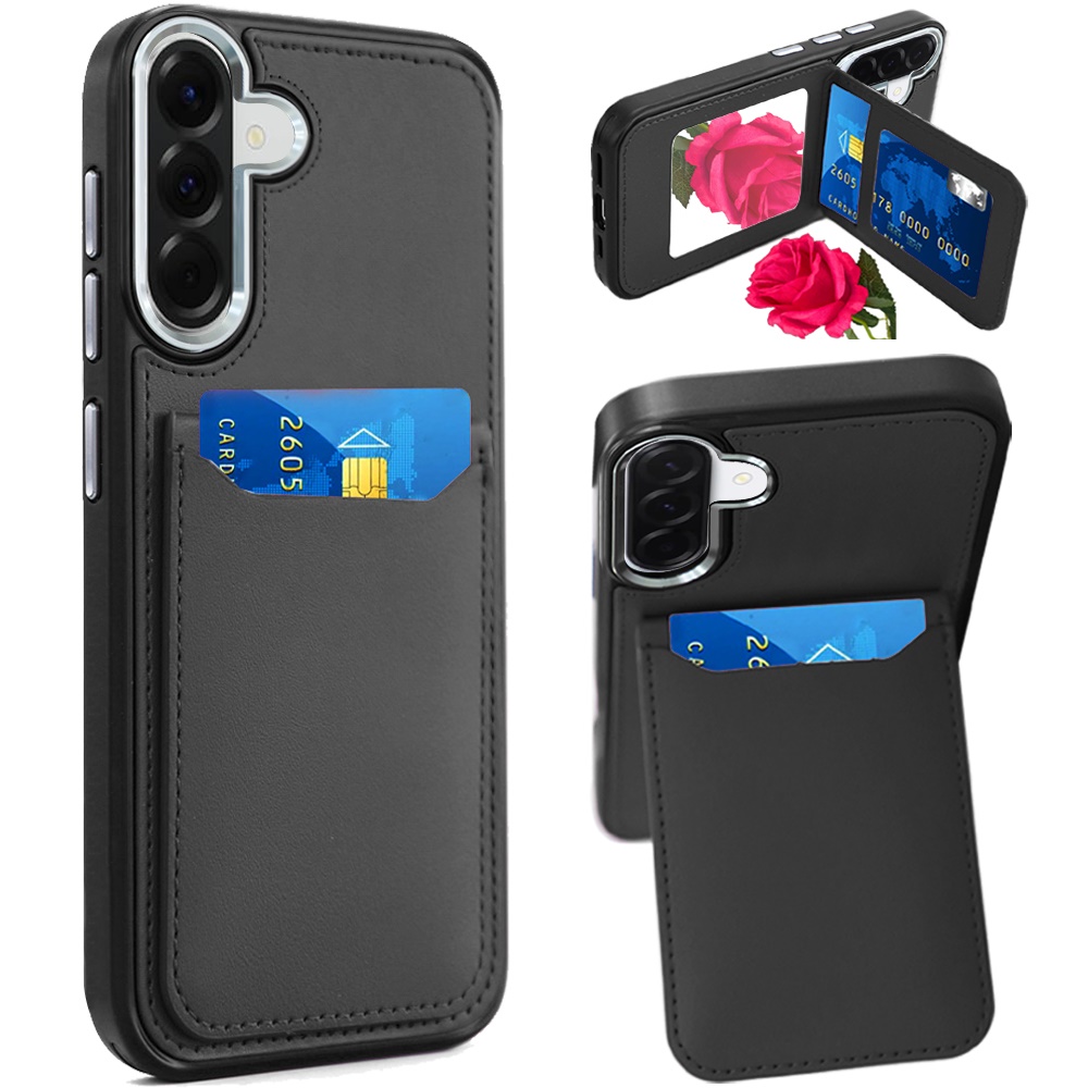for samsung galaxy a37 card holder with mirror inside pu leather hybrid case black