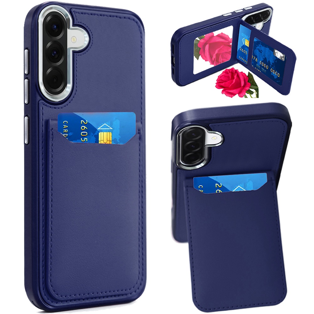 for samsung galaxy a37 card holder with mirror inside pu leather hybrid case dark blue