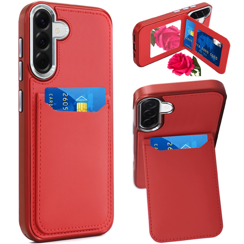 for samsung galaxy a37 card holder with mirror inside pu leather hybrid case red