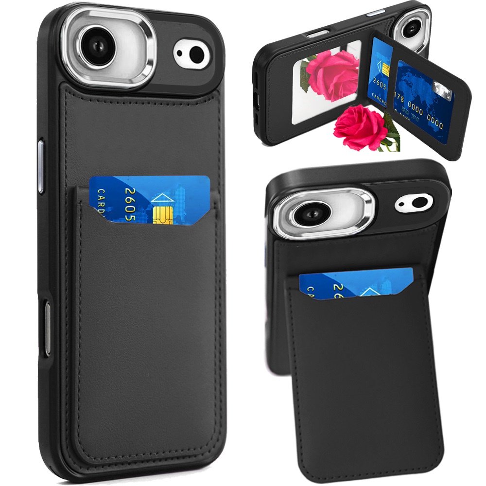 for iphone 17 air card holder with mirror inside pu leather hybrid case black