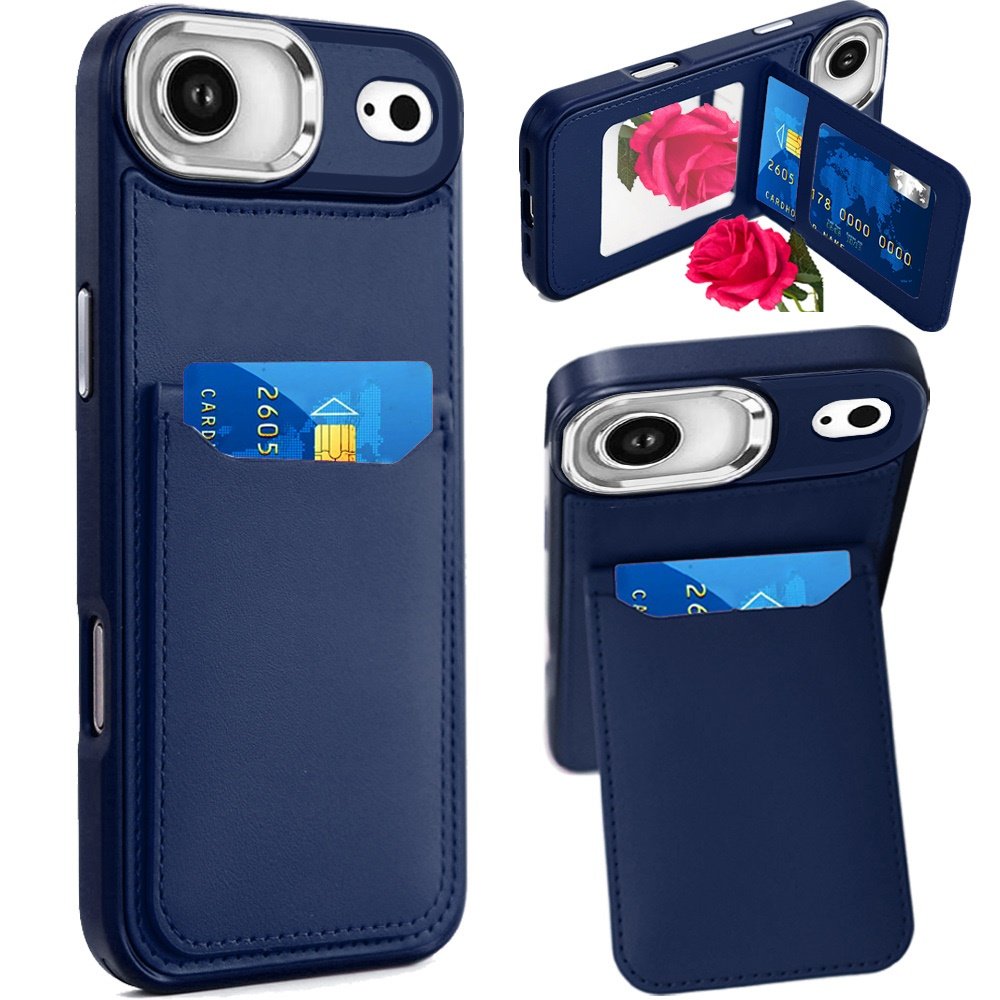 for iphone 17 air card holder with mirror inside pu leather hybrid case dark blue