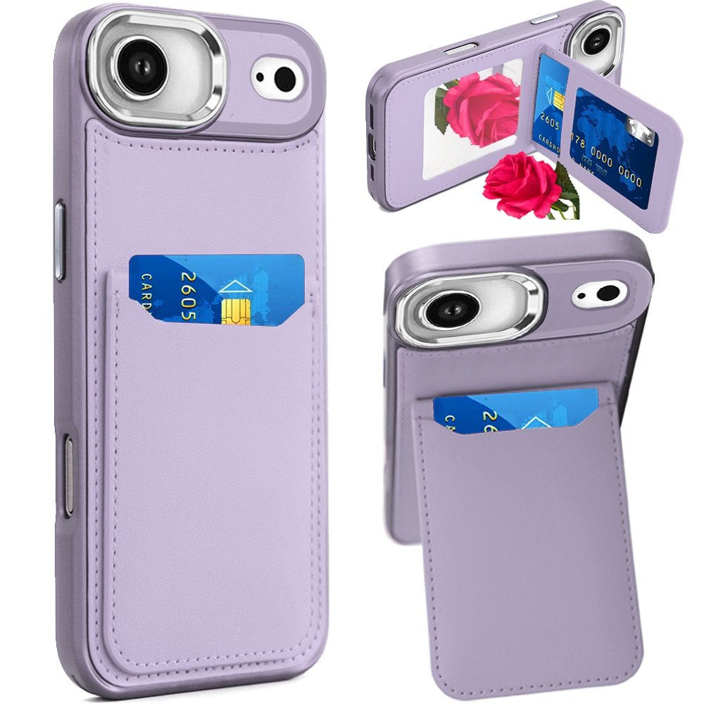 for iphone 17 air card holder with mirror inside pu leather hybrid case light purple