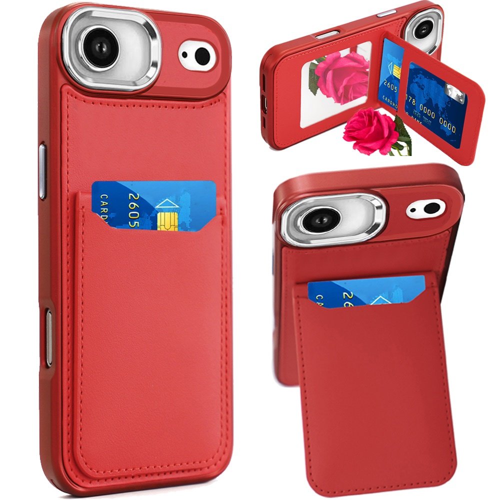 for iphone 17 air card holder with mirror inside pu leather hybrid case red