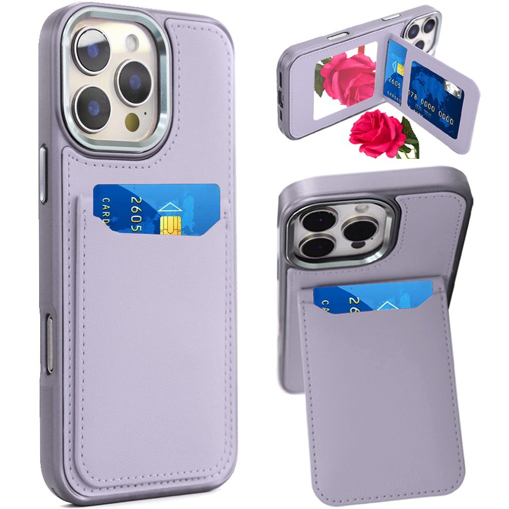 for iphone 16 pro max 6.9 inch card holder with mirror inside pu leather hybrid case light purple