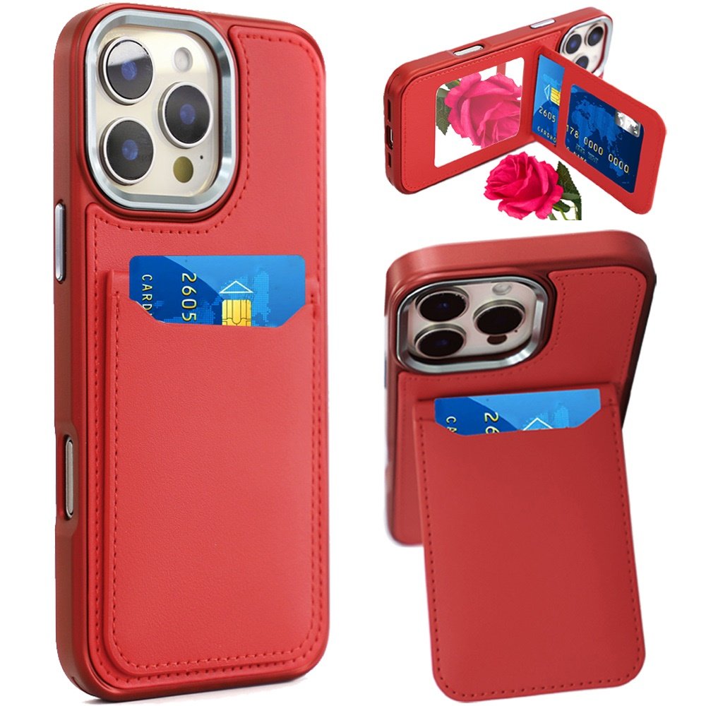for iphone 16 pro max 6.9 inch card holder with mirror inside pu leather hybrid case red