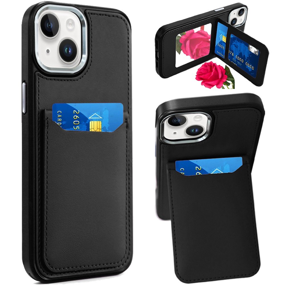 for iphone 15 plus/iphone 14 plus card holder with mirror inside pu leather hybrid case black