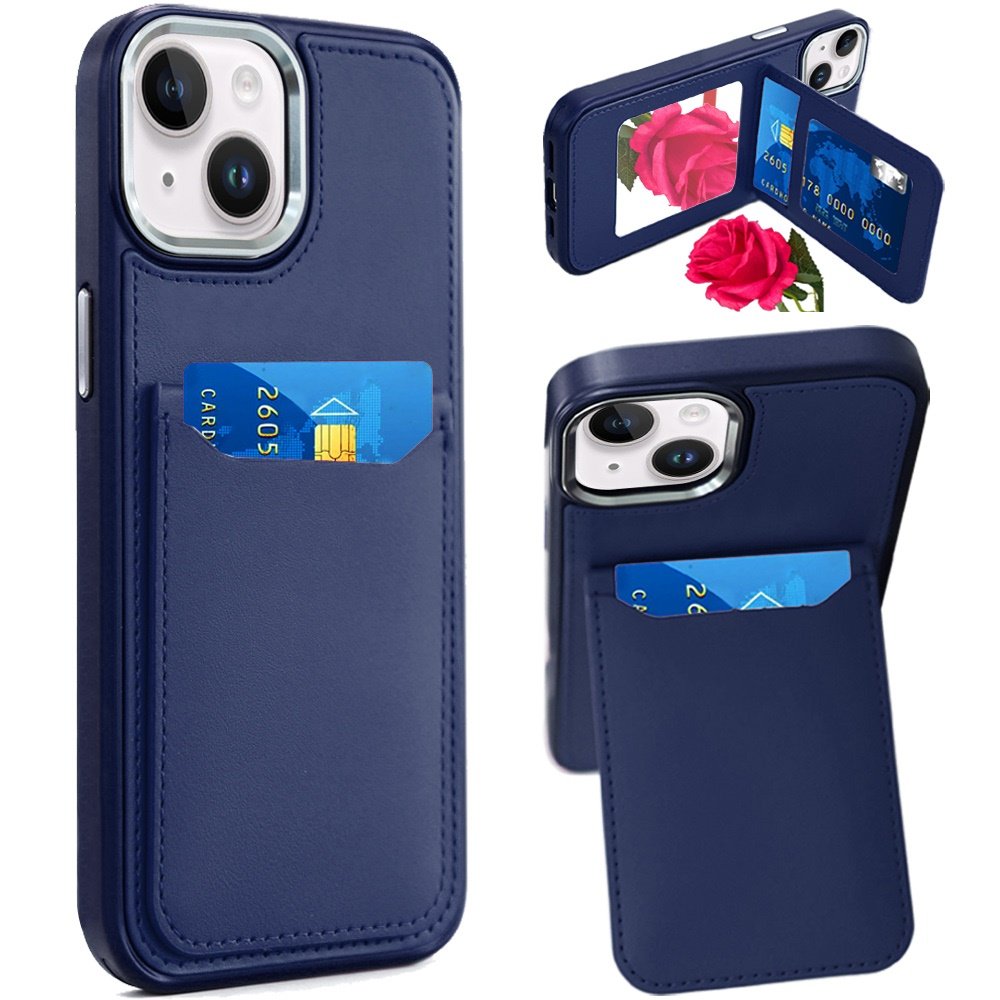 for iphone 15 card holder with mirror inside pu leather hybrid case dark blue