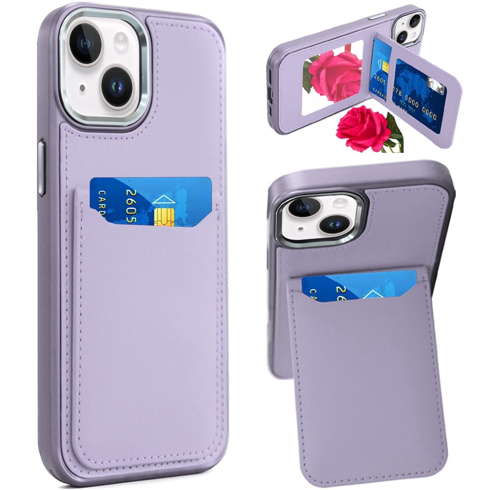 for iphone 15 card holder with mirror inside pu leather hybrid case light purple