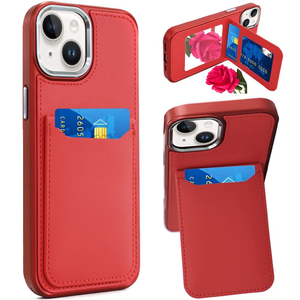 for iphone 15 card holder with mirror inside pu leather hybrid case red