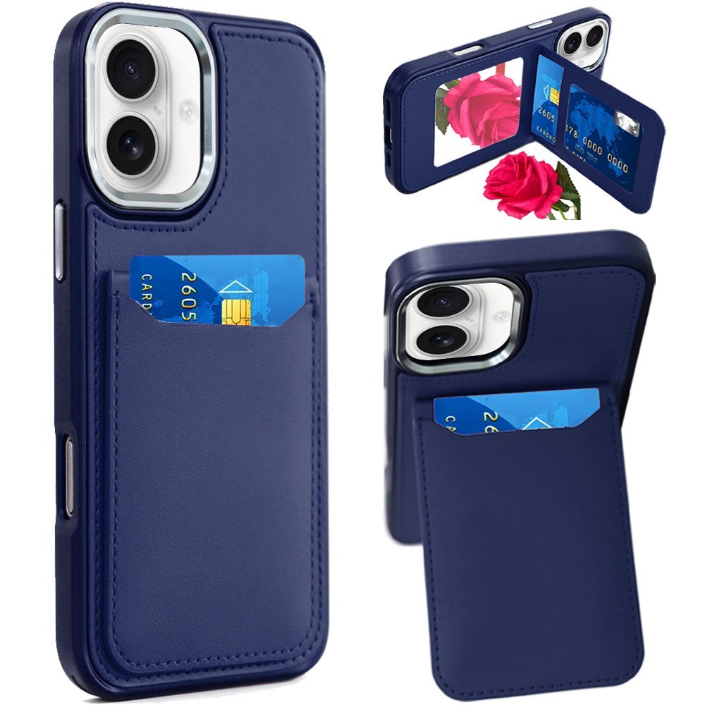for iphone 17 card holder with mirror inside pu leather hybrid case dark blue