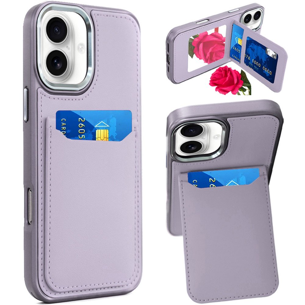 for iphone 17 card holder with mirror inside pu leather hybrid case light purple
