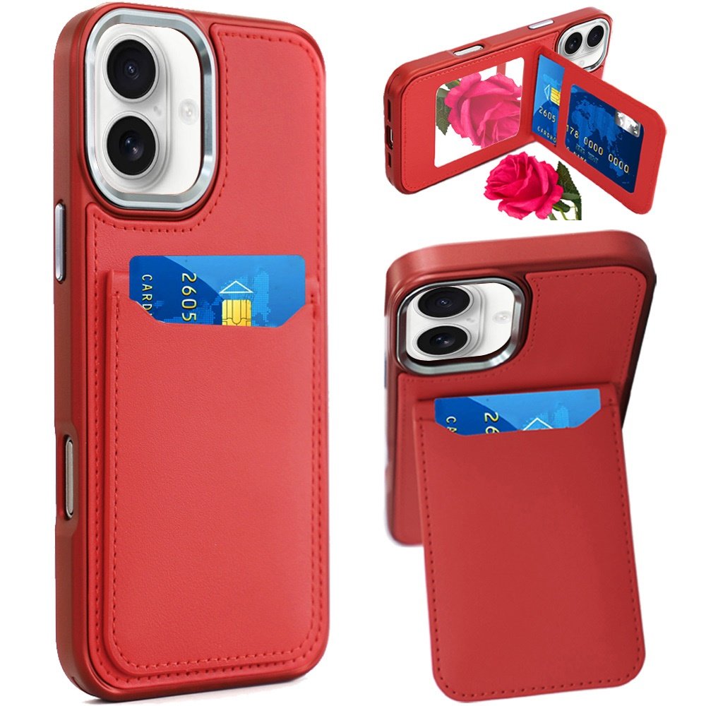 for iphone 17 card holder with mirror inside pu leather hybrid case red