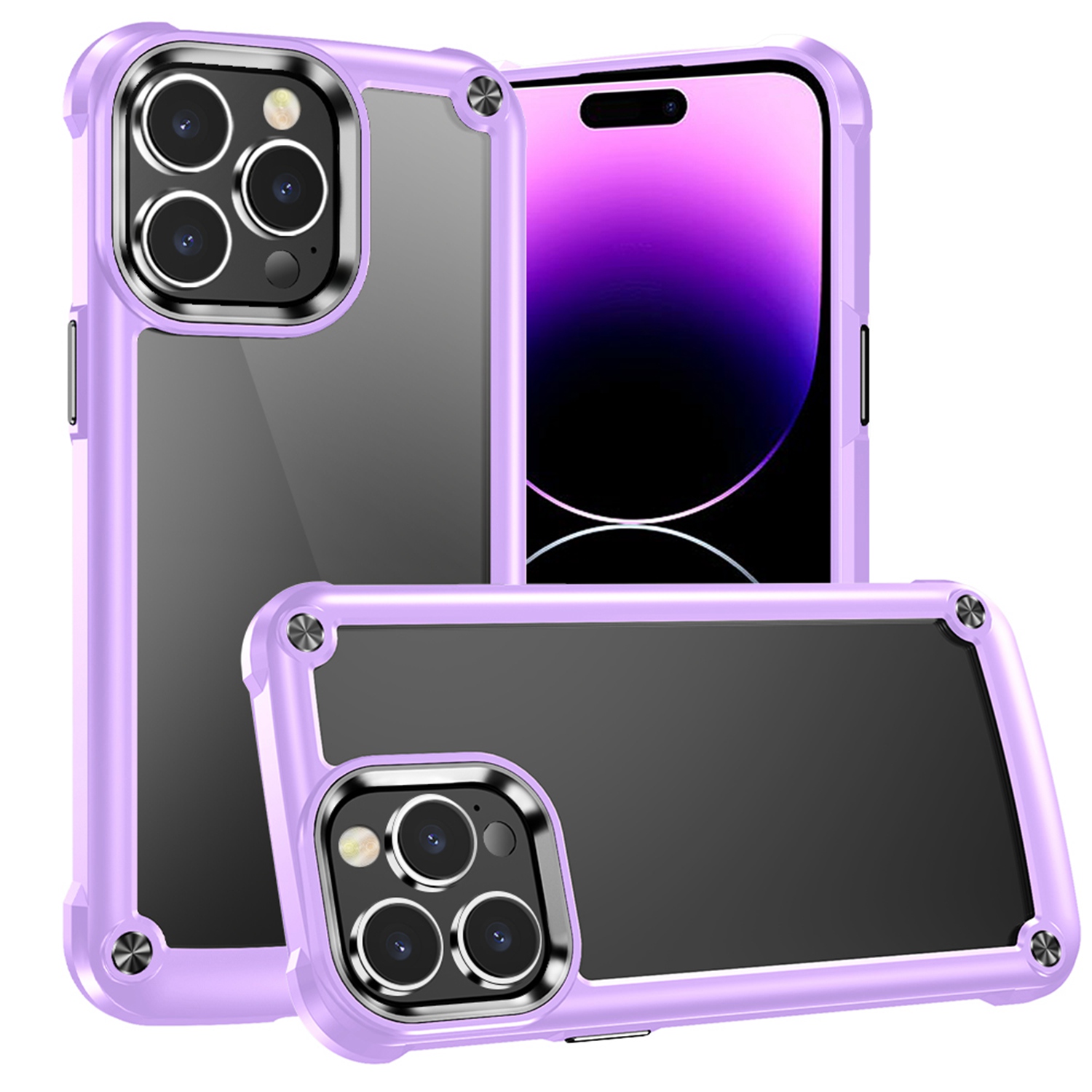 for iphone 15 ultimate casex transparent hybrid case with metal buttons and camera edges light purple