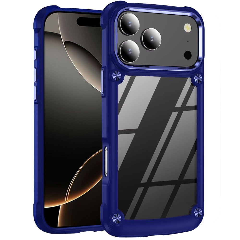 for iphone 17 pro max ultimate casex transparent hybrid case with metal buttons and camera edges blue