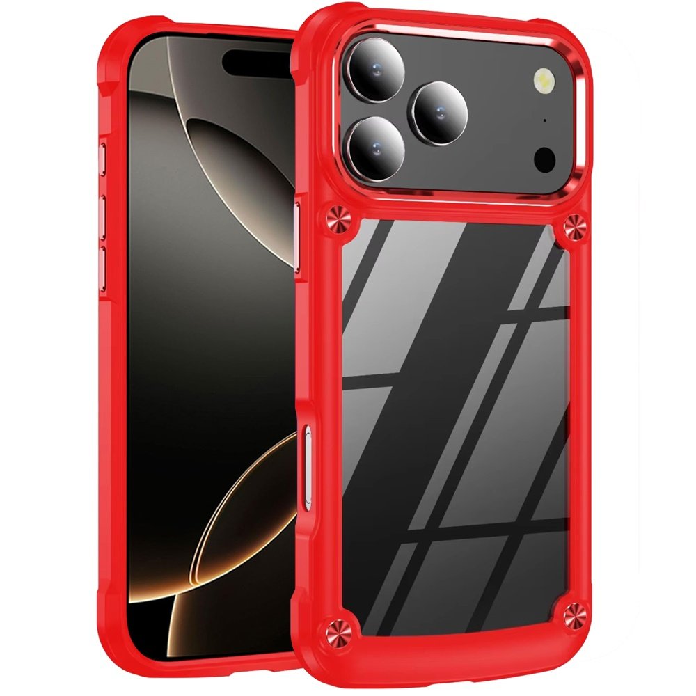 for iphone 17 pro max ultimate casex transparent hybrid case with metal buttons and camera edges red